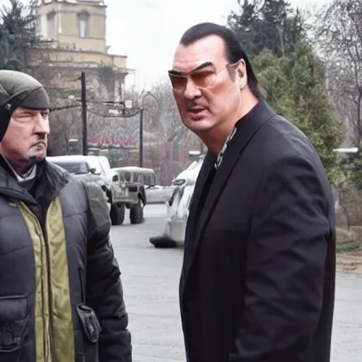 Image similar to steven seagal appears in ukraine, serving as a russian spokesperson, movie still, action pose