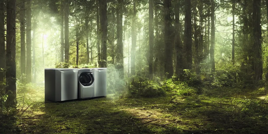 Image similar to futuristic washing machine in a timber forest, spring, cinematic lighting, shot on arri alexa