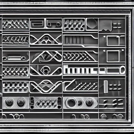 Image similar to mechanical panel lines, black and white, front view