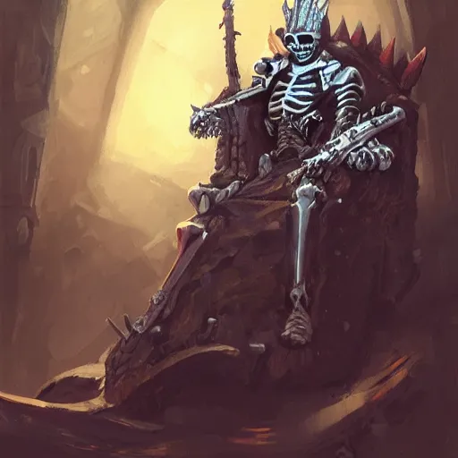 Prompt: Skeleton King, armour, resting on his throne, oil painting, by Fernanda Suarez and Greg Rutkowski