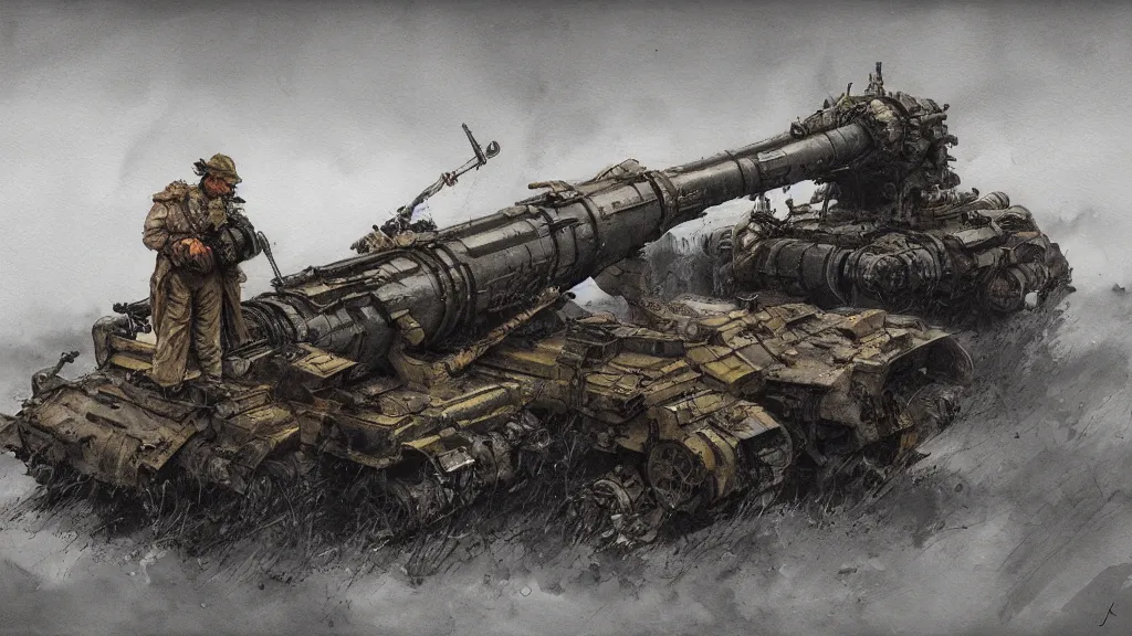 Image similar to closeup of m 7 7 7 howitzer artillery, watercolored, jakub rozalski, dark colours, dieselpunk, high quality, artstation