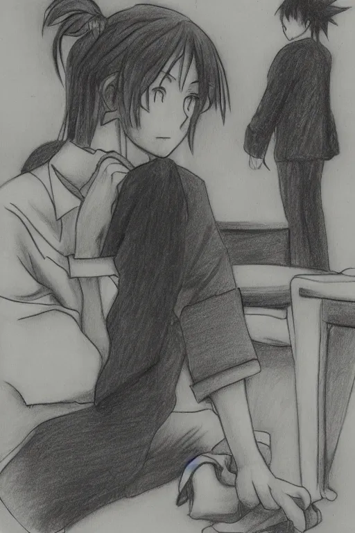 Image similar to anime drawing, a student sitting looking at the clock on the wall