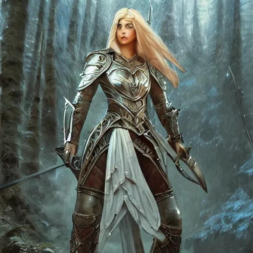 Image similar to standing elf with armor of rivendel and a curve long sword in full body and detailed face, epic masterpiece of cinematographic hyperrealism, realistic shaded lighting poster by craig mallismo, artgerm, jeremy lipkin and michael garmash, unreal engine, radiant light, detailed and intricate environment, digital art, art station trends