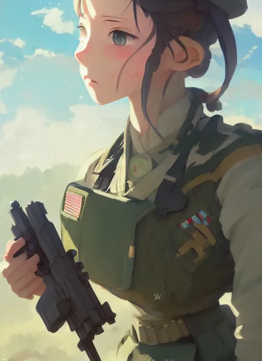 Image similar to portrait of cute soldier girl, cloudy sky background lush landscape illustration concept art anime key visual trending pixiv fanbox by wlop and greg rutkowski and makoto shinkai and studio ghibli and kyoto animation soldier clothing military gear realistic anatomy mechanized