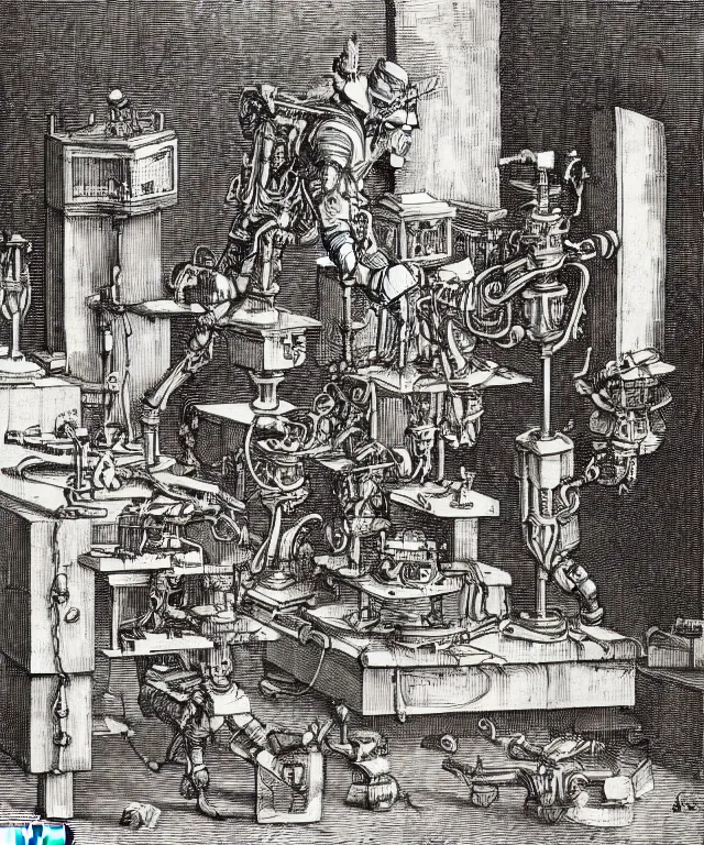 Prompt: an engraving of a robot in a laboratory from the year 1 6 0 0 by albrecht durer, gustave dore, ian miller, highly detailed, storybook illustration, lithograph engraving