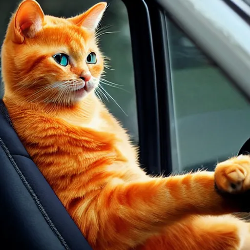 Image similar to an anthropomorphic orange tabby cat driving a car