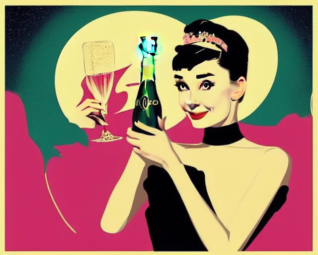 Image similar to teenage audrey hepburn in art deco style, champagne commercial, artstation, illustration, bright, cheerful, detailed and intricate environment