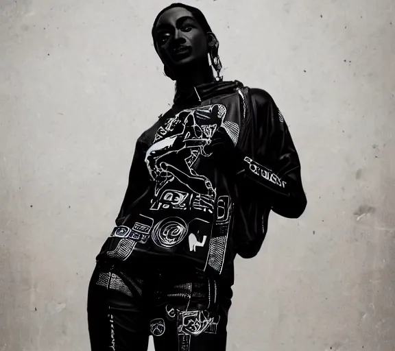 Image similar to black marble statue of a beautiful woman with colorful motocross logos in the style of virgil abloh, very very beautiful, detailed, off white, heron preston, 8 k, 4 k, detailed, beautiful, symmetrical, vogue, editorial, fashion, magazine, model