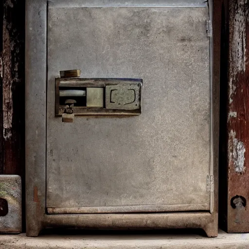 Image similar to A still life of a safe on the wooden ground, wood panels, metalic, (((rusty)))