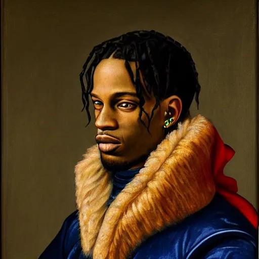 Image similar to a renaissance style portrait painting of travis scott