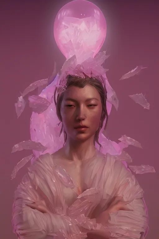 Image similar to A fancy portrait of a pink crystal statue of a women by Greg Rutkowski, beeple, Sung Choi, Mitchell Mohrhauser, Maciej Kuciara, Johnson Ting, Maxim Verehin, Peter Konig, final fantasy, macro lens , 8k photorealistic, cinematic lighting, HD, high details, dramatic, dark atmosphere, trending on artstation