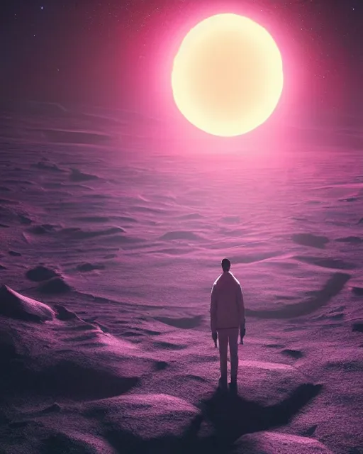 Image similar to a person standing in front of a glowy open door that's on a barren moon, poster art by mike winkelmann, trending on cg society, space art, sci - fi, ue 5, futuristic, volumetric lighting