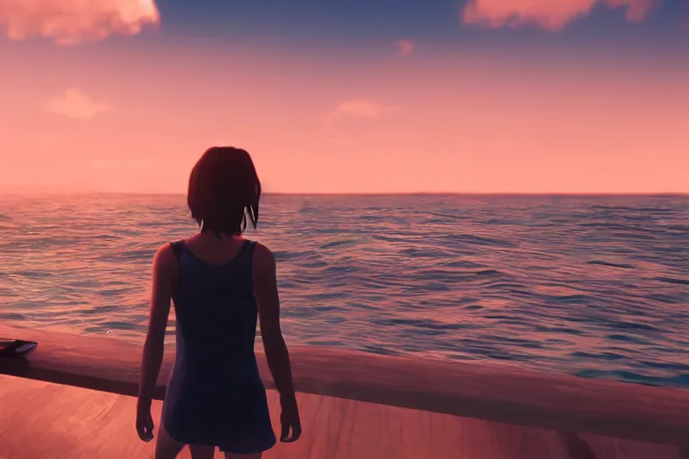 Image similar to max caulfield watching sunset on the sea, life is strange, realistic, cinematic, 8 k, highly detailed, ue 5