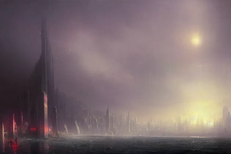 Prompt: Dystopian futuristic city by ivan aivazovsky