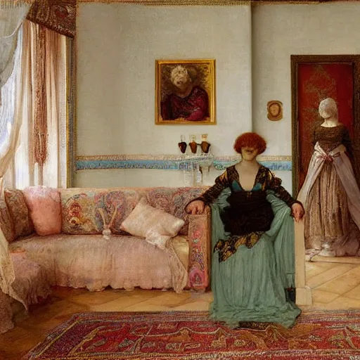 Image similar to a renaissance oil painting by Alma Tadema of a ghost woman inside an intricately decorated living room, pastel color scheme, digital painting, high detail