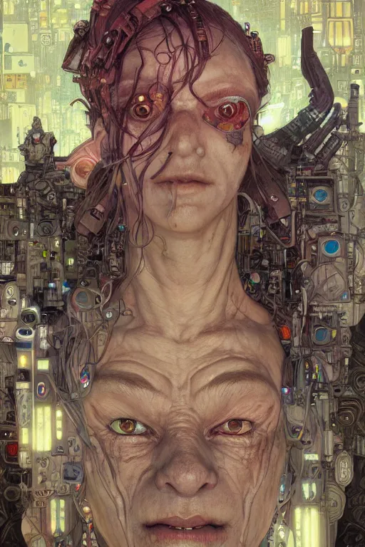 Image similar to portrait of beautiful old goblin, cyberpunk, Warhammer, highly detailed, artstation, illustration, art by Gustav Klimt and Range Murata and Ilya Kuvshinov and Sakimichan