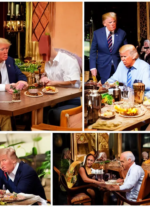 Image similar to Trump and Biden having dinner at a fancy Balinese restaurant, award winning photography, 85mm, perfect faces