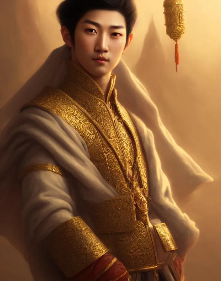 Prompt: a portrait of a asian male prince, illustration, soft lighting, soft details, dark mood, painting oil on canvas by Edmund Blair Leighton and Charlie Bowater octane render trending on artstation d&d characters, 4k, 8k, HD