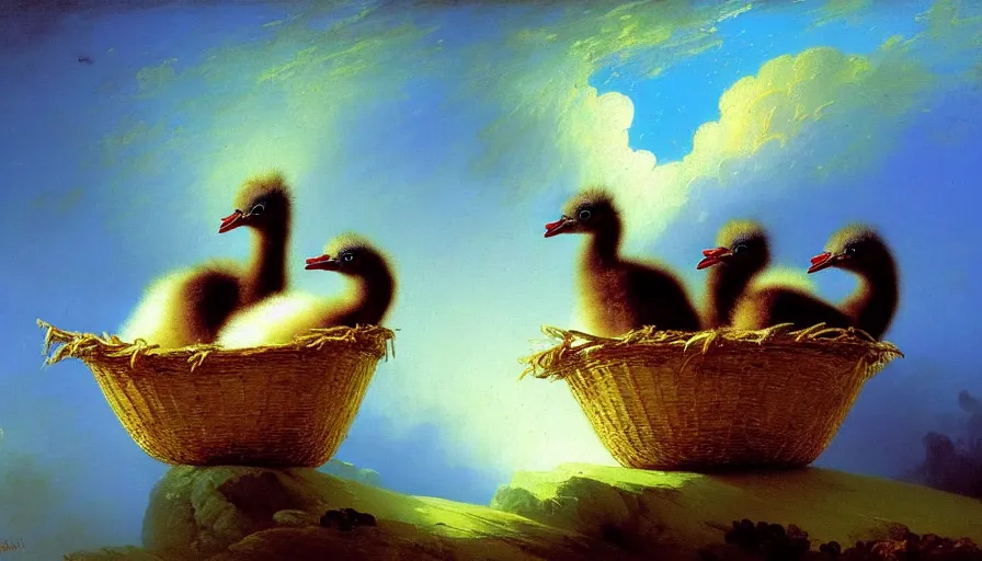 Image similar to highly detailed painting of cute baby emus cuddling up in a basket by ivan aivazovsky, by william turner, by joe fenton, thick brush strokes and visible paint layers, 4 k resolution, outer space nebula background