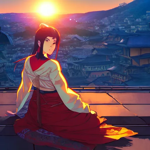 Image similar to digital anime art in the style of netflix arcane, beautiful gorgeous female shinobi sitting on an old oriental roof at sunset, wlop, alphonse mucha, greg rutkowski, ilya kuvshinov, backlit