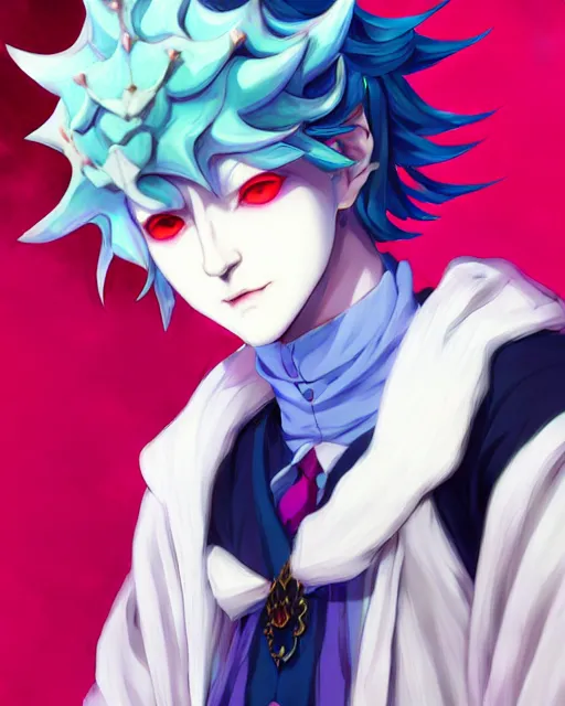 Image similar to extremely attractive soft feminine male jester / fool anime character screenshot, nagito komaeda and hisoka, anime, intricate, sharp focus, illustration, highly detailed, digital painting, cell shaded, concept art, matte, male art by ilya kuvshinov and kyoto animation and wlop, ruan jia and greg rutkowski, studio quality, masterpiece