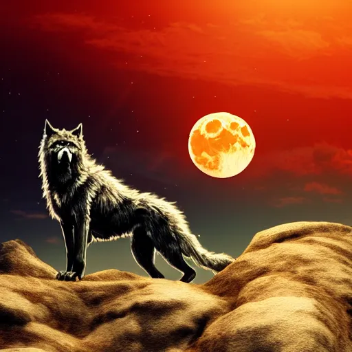 Image similar to werewolf howling to the shiny moon, red sky, 4 k, cinematic composition, dark fantasy, hyper detailed