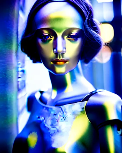 Image similar to dreamy young beautiful female artificial intelligence, metropolis, cinematic, rim light, bokeh, photo - realistic, elegant, high detail, 8 k, masterpiece, photo taken in 1 9 3 0