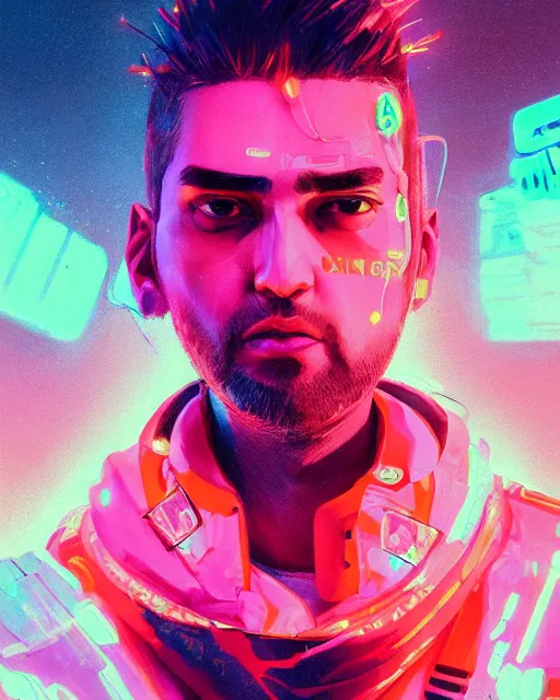 Prompt: detailed portrait Xavier Singy Neon Operator boy, cyberpunk futuristic neon, reflective puffy coat, decorated with traditional Japanese ornaments by Ismail inceoglu dragan bibin hans thoma greg rutkowski Alexandros Pyromallis Nekro Rene Maritte Illustrated, Perfect face, fine details, realistic shaded, fine-face, pretty face