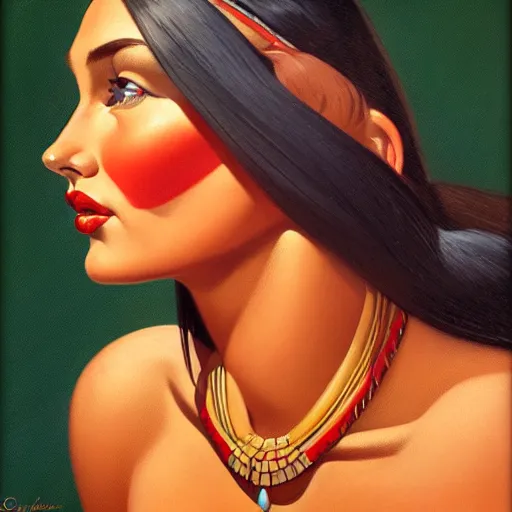 Image similar to portrait of a beautiful pocahontas, expressive pose, symmetrical face, shiny lips, highly detailed, digital painting, smooth, sharp focus, by gil elvgren