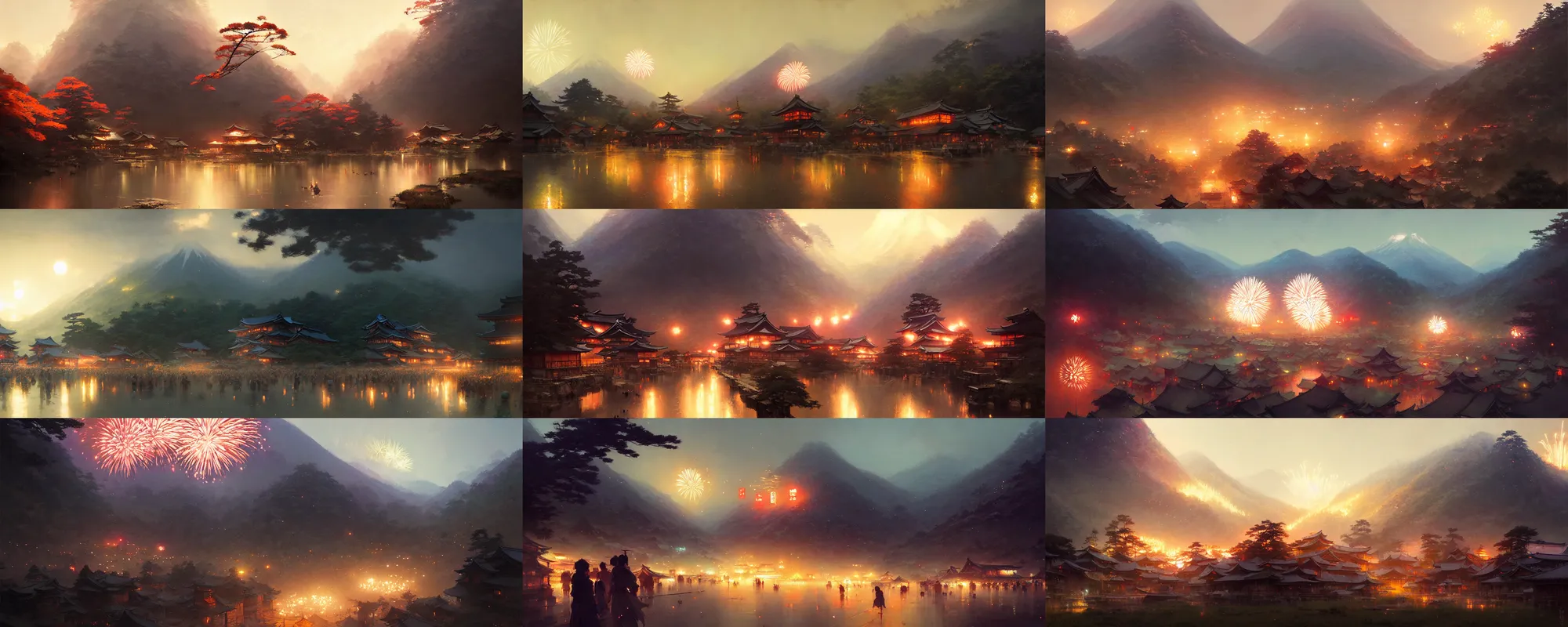 Prompt: japanese mountain countryside small town, landscape, summer festival night, fireworks, illustration, highly detailed, digital painting, concept art, matte, art by ruan jia and wlop and greg rutkowski and makoto shinkai, masterpiece