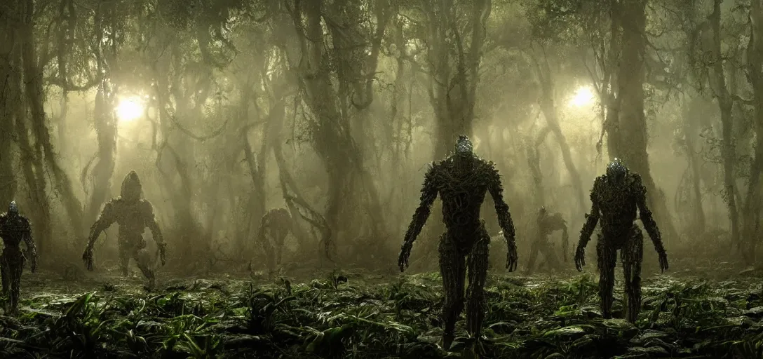 Prompt: a complex organic fractal 3 d metallic symbiotic ceramic humanoid megastructure creature in a swampy lush forest, surrounded by soldiers, foggy, sun rays, cinematic shot, photo still from movie by denis villeneuve, wayne barlowe