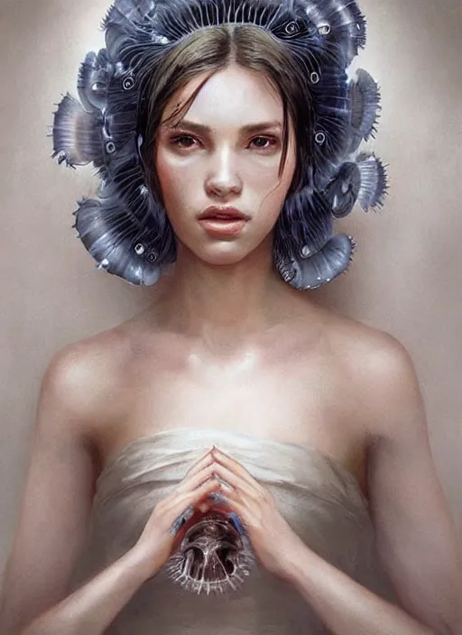 Prompt: a beautiful woman in a dress shaped like a jellyfish. beautiful highly detailed face. painting by artgerm and greg rutkowski and magali villanueve.