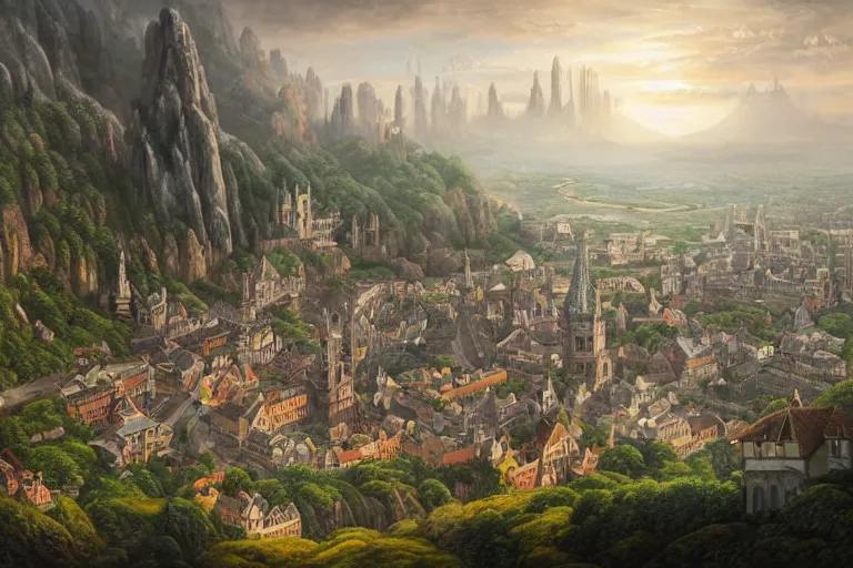 Image similar to an ultra detailed matte landscape painting of an german renaissance capital city built into the side of a mountain with many tall spirally towers, sweeping vista, tiny coastal fishing village very far away, ultrawide lens, aerial photography, 8 k, volumetric lighting, smooth, highly detailed, digital illustration, art by greg rutkowski and akira toriyama and artgerm