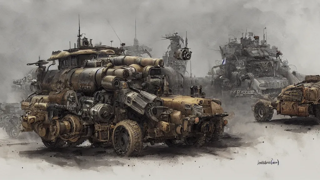 Image similar to overview of dieselpunk vehicles, watercolored, jakub rozalski, dark colours, dieselpunk, artstation