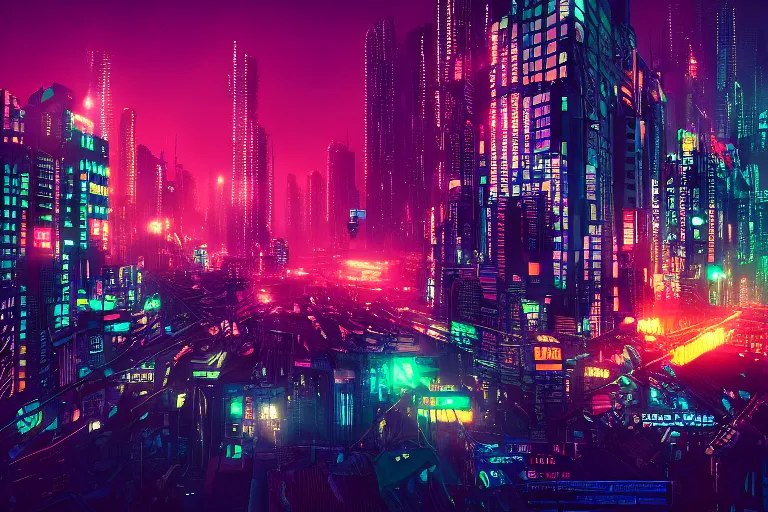 Image similar to dense and detailed dystopian cyberpunk city skyline at night, multicolored neon lights, 8k