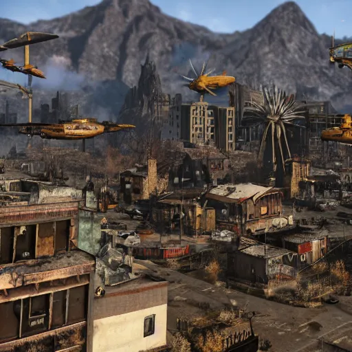 Image similar to a vertibird from Fallout flying over a steampunk village