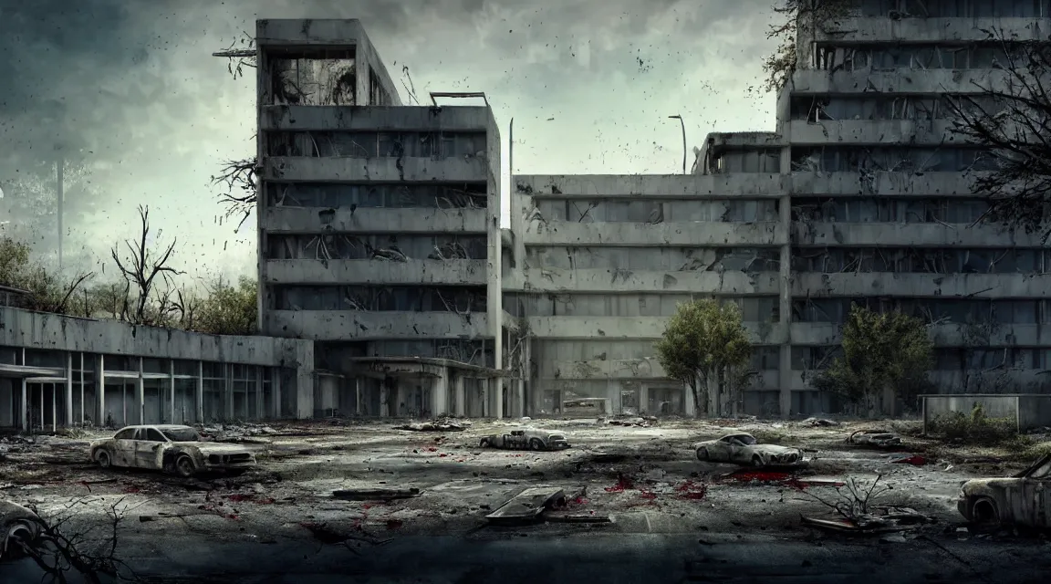 Image similar to post apocalyptic hospital building, featuring a big grey alien walking, morning, building, avenue, modern contemporary urban americana concrete architecture, by pascal blanche, neil blevins, apocalyptic color palette, trending on artstation, photorealistic, wilderness ambiance, ultra detailed, high definition, depth of field, bokeh, rubble, wild vegetation, blood stains, building crumbling