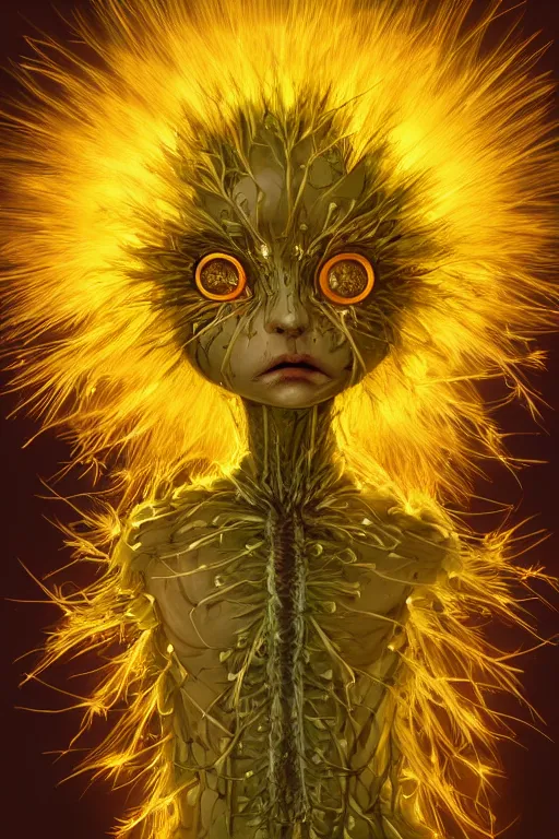 Image similar to a humanoid figure dandelion plant monster, amber eyes, highly detailed, digital art, sharp focus, ambient glow, trending on art station, anime art style