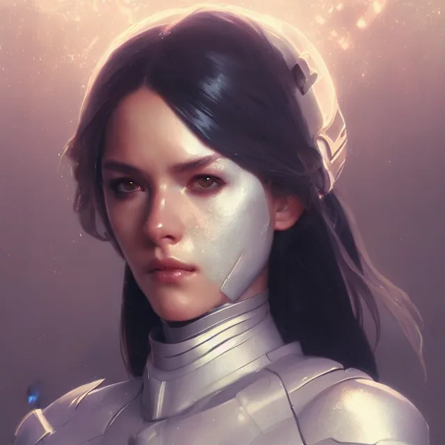 Prompt: portrait of beautiful female wearing white armor, cyberpunk setting, subsurface scattering, artistic, art by artgerm, greg rutkowski and alphonse mucha, artstation, octane render,