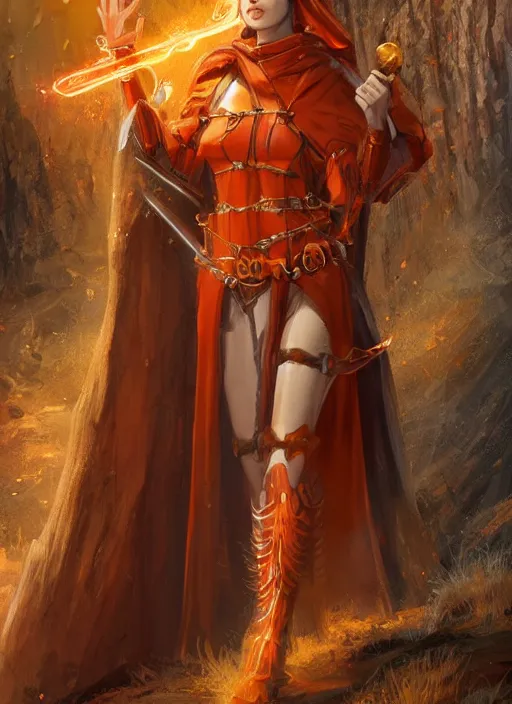 Image similar to dark orange cloak female priest, ultra detailed fantasy, dndbeyond, bright, colourful, realistic, dnd character portrait, full body, pathfinder, pinterest, art by ralph horsley, dnd, rpg, lotr game design fanart by concept art, behance hd, artstation, deviantart, hdr render in unreal engine 5