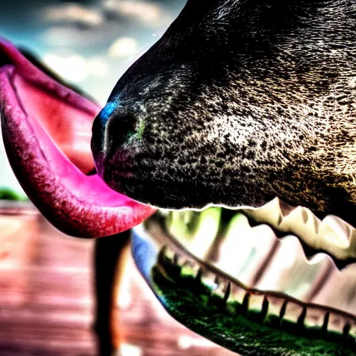 Image similar to animal tongue licking the camera lens cinematic 3 5 mm hdr