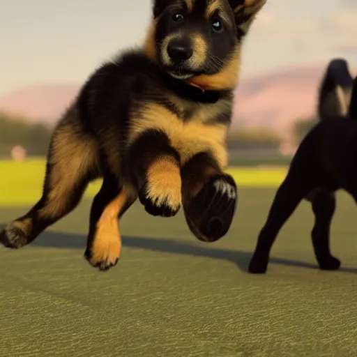 Image similar to my gsd puppy gets the zoomies, high energy, frenetic craziness, running, jumping, chasing, 3 d octane render, imax 7 0 mm, rtx,