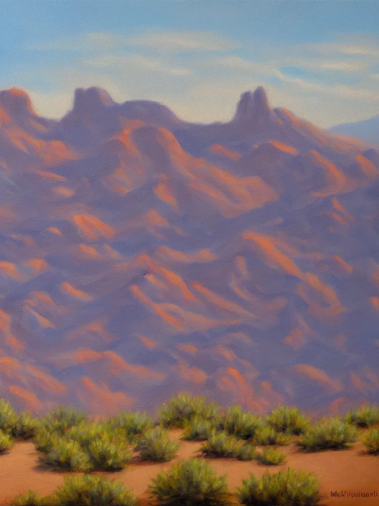 Prompt: beautiful oil painting of a desert rocks mountains in the distance by Mark Maggiori