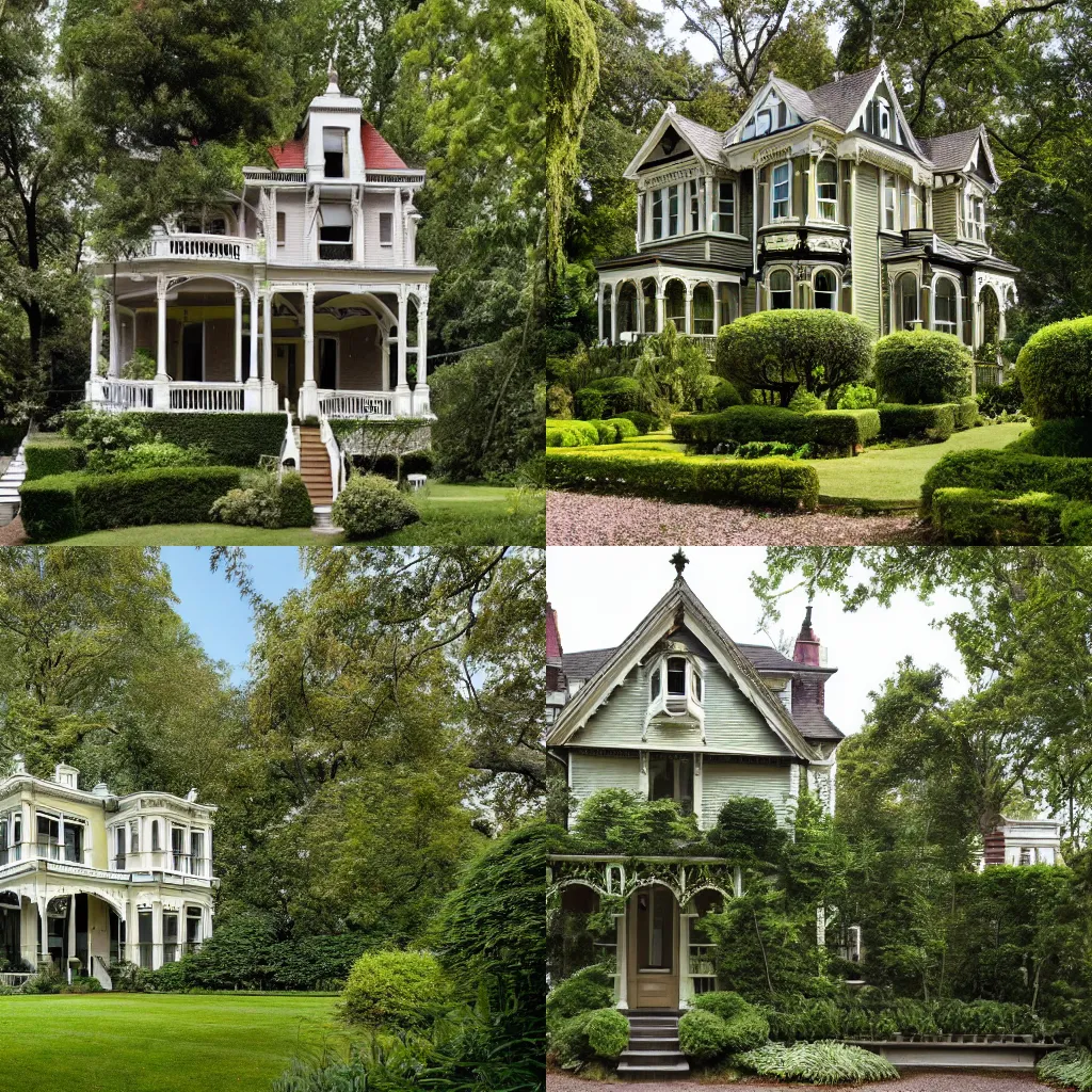 Prompt: a victorian house with high shrubs and a short canopy