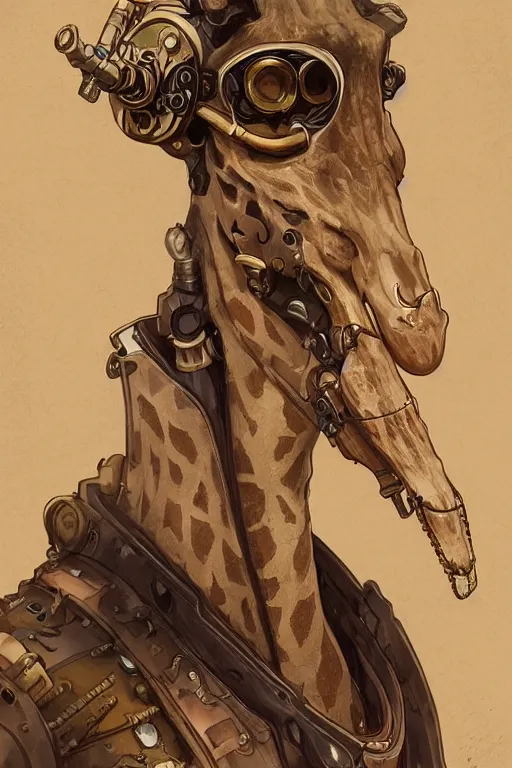 Image similar to anthropomorphic giraffe as steampunk half - cyborg, western gunslinger, high fantasy, dnd, smooth, sharp focus, illustration, highly detailed, digital painting, artstation, concept art, by disney animation, rossdraws, alphonse mucha, frank fanzzeta, collectible card art