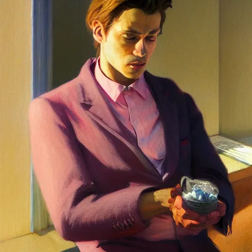 Prompt: painted portrait of wolf wearing pink shirt and smoking, intricate, digital painting, artstation, concept art, smooth, sharp focus, illustration, art by jean giraud, edward hopper, gaston bussiere and greg rutkowski