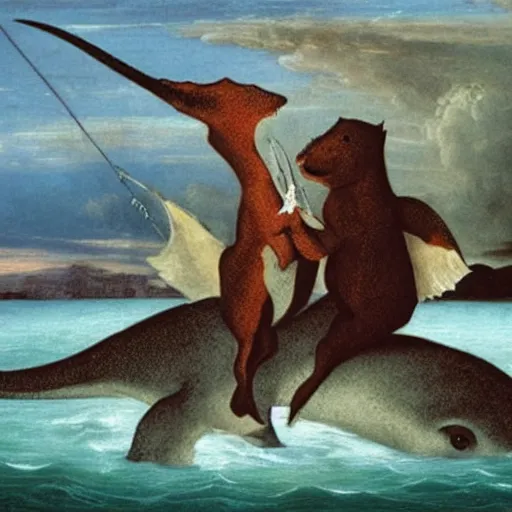 Prompt: a narwhal and tyrannosaurus rex hugging, renaissance painting