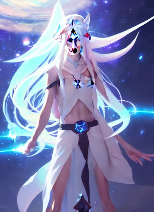 Image similar to a female space mage with long white hair, elf ears, star guardian inspired, perfect art, trending on pixiv, painted by greg rutkowski makoto shinkai takashi takeuchi, akihiko yoshida