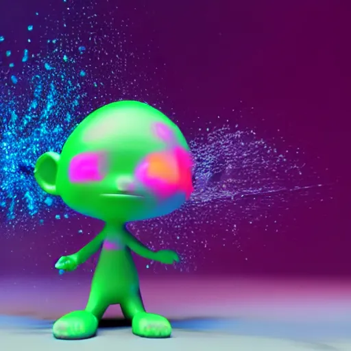 Image similar to single crazy melting plastic toy Pop Figure, C4d, by pixar, by dreamworks, in a Studio hollow, surrounded by flying particles