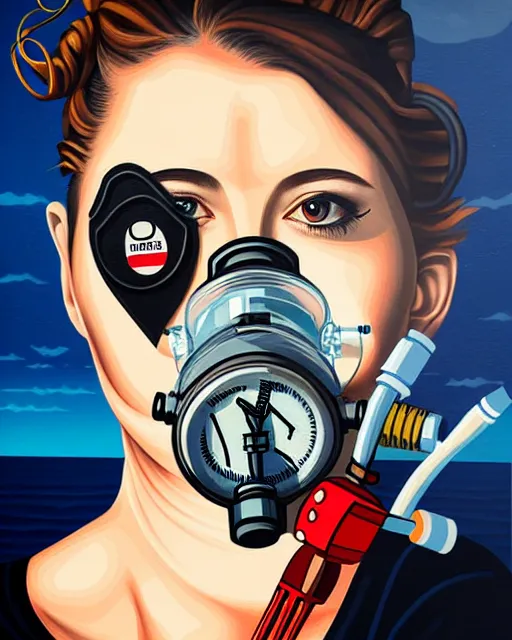 Image similar to portrait of a spy wearing oxygen mask with a harpoon with sea background with horror side profile by Sandra Chevrier